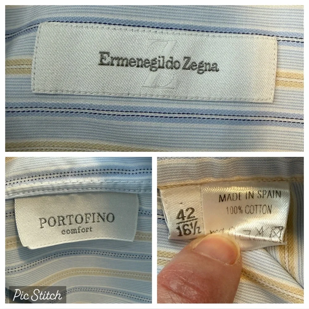 Ermenegildo Zegna Light Blue Yellow Stripe Dress Shirt 16.5 Cotton Portofino - Picture 10 of 11